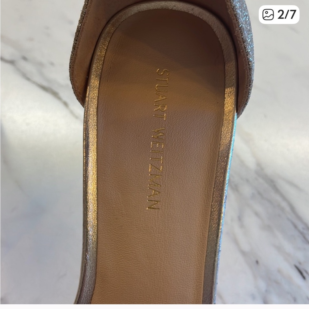 Stuart Weitzman Metallic Silver Glitter Ankle-Strap Heels - Picture 4 of 6
